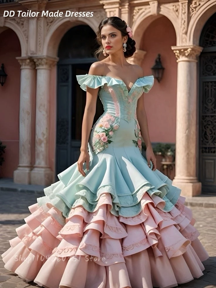 Vestido de baile flamenco moderno, babados, ombro de fora, longo, verde menta, com blush, rosa, cetim, sereia, festa de aniversário, personalizado