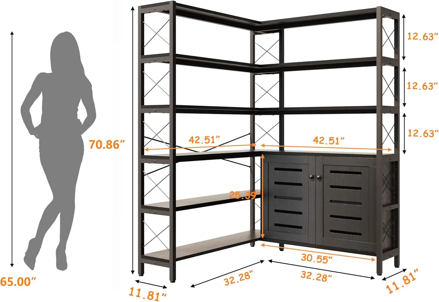 6-Shelf Corner Bookshelf, Vintage Industrial Corner Bookshelf Etagere Bookcase, Large Book Shelf with Metal Frame Open Storage