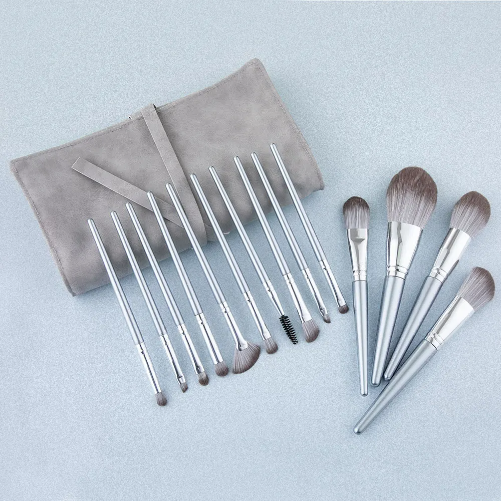 Ensemble de pinceaux de maquillage Jules Halo, pinceau fard à barrage, pinceau de dispersion de poudre, manche en bois de tube en aluminium, outils de nettoyage, 14 pièces