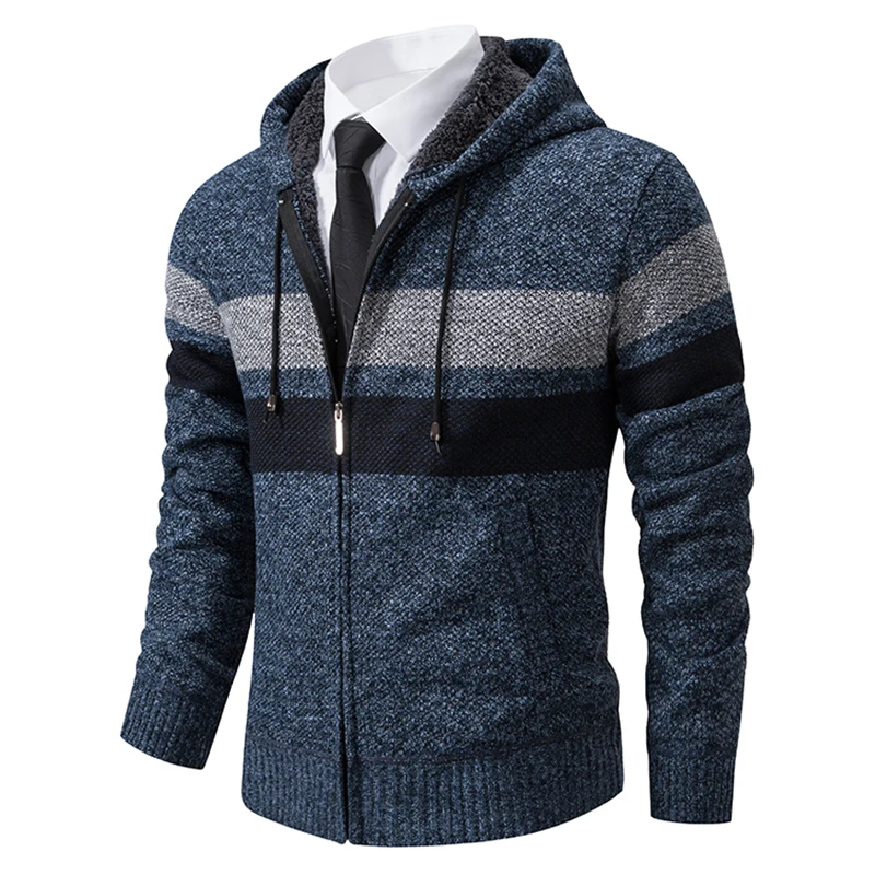 Maglione da uomo cardigan giacca in maglia con cerniera a righe in pile caldo maglioni con cappuccio cappotto da uomo casual da strada giacca da uomo maglione