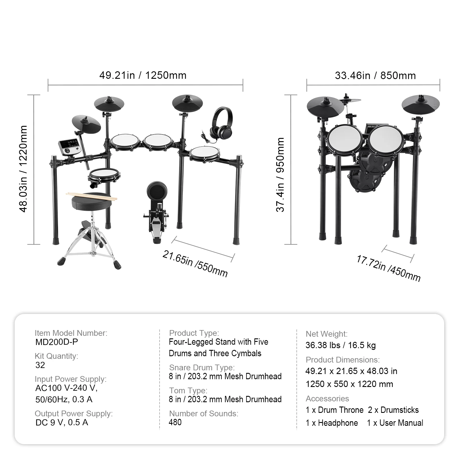 SucceBuy elektrisch drumstel 32 drumstellen en 480 geluiden, USB MIDI-ondersteund 8/10 inch stil gaas + 10 inch bekkens drumstokken Gemakkelijk te gebruiken