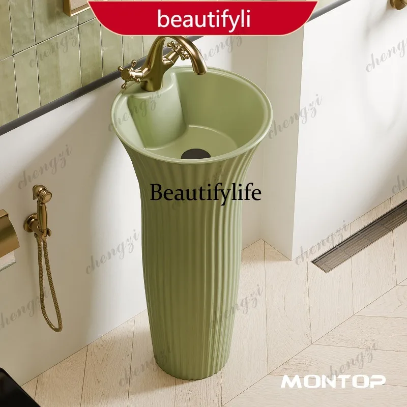 European retro green integrated floor ceramic column bathroom wash basin  A17