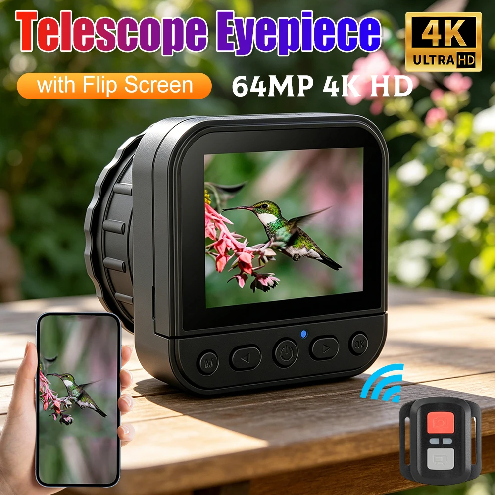 

Telescope Camera Eyepiece with Flip Screen 64MP 4K HD 2.4G WIF Portable Camera Eyepiece for Astronomical Binoculars Microscope