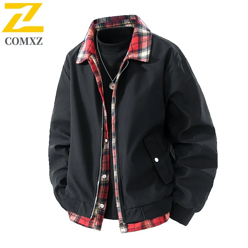 

COMXZ 2025 Men Women Couple Fake Two Piece Plaid Tie Dye Jacket Autumn Trendy American Style Loose Fit Casual Versatile Coat