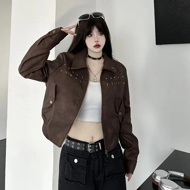 Korean Chic Spring Retro PU Leather Jacket Metal Buttons Loose Long-sleeved Short Coat Women Simple O Neck Streetwear Tops