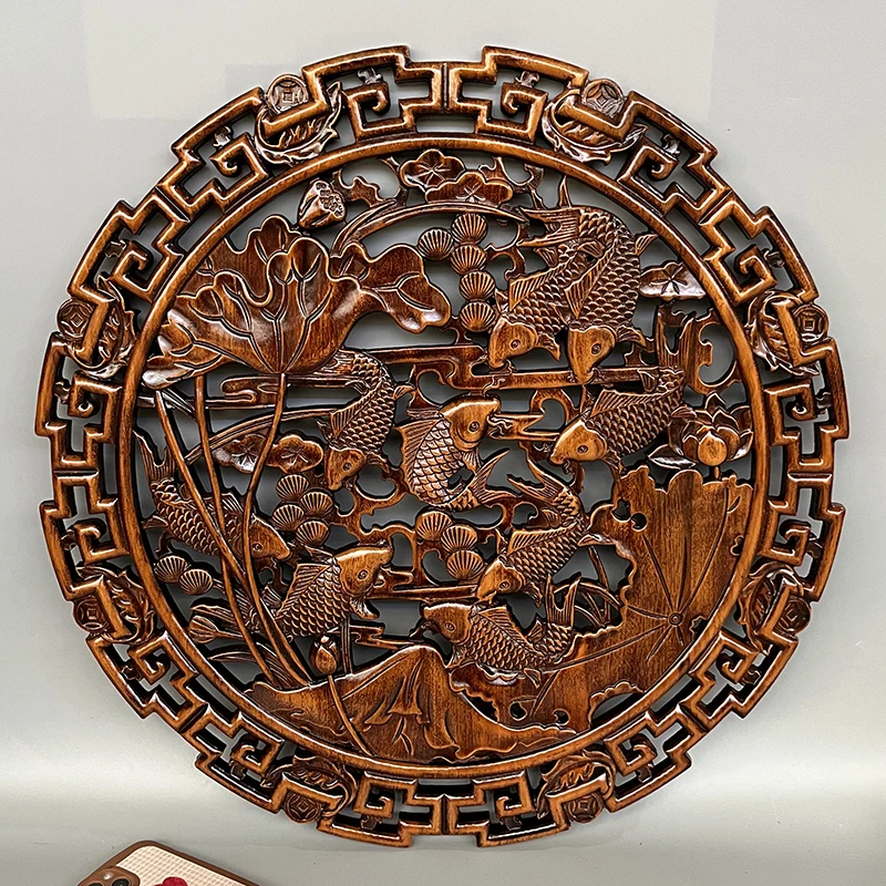 Dongyang wood carving pendant camphor wood round solid wood hollow carving Chinese antique living room entrance background wall