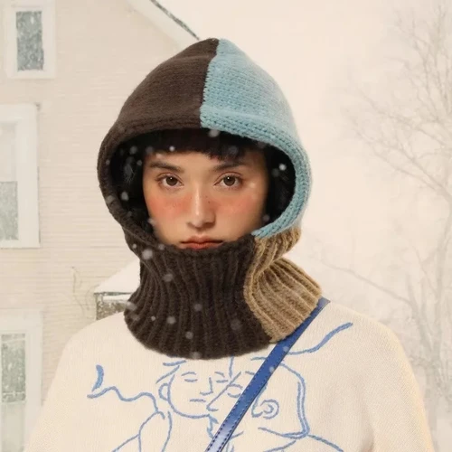 Ins 한국 스플라이싱 대비색 바라클라바 모자, 레트로 문학적이고 예술적인 따뜻한 목 비니 모자, 가을 및 겨울  Best5