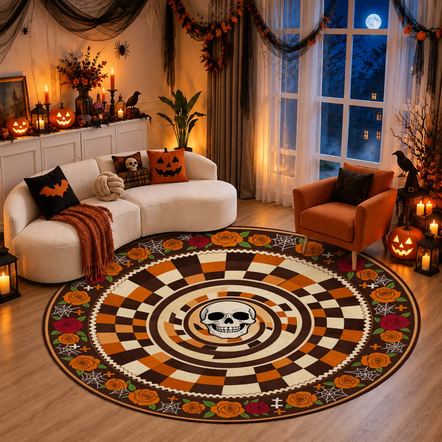 Skull Roses Spider Web Checkered Design Round Velvet Rug Machine Washable for Living Room Bedroom Entryway Dining Room Halloween Thanksgiving Christmas New Year