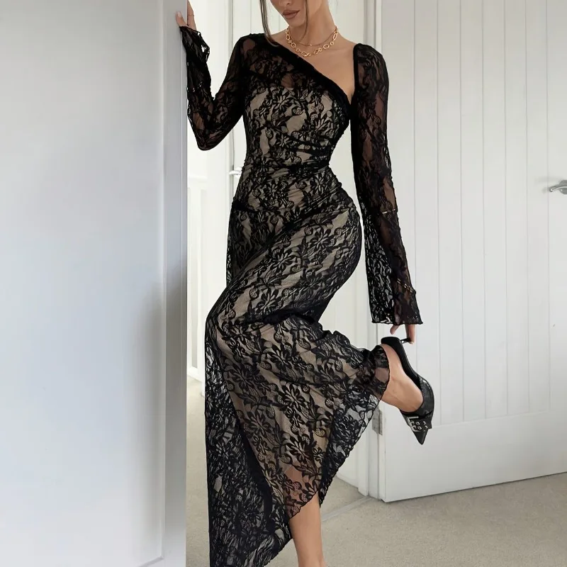 

Women's Autumn and Winter European and American Black Lace Slanted Shoulder Waist Long Dress Dress Lady Wear Tall Man