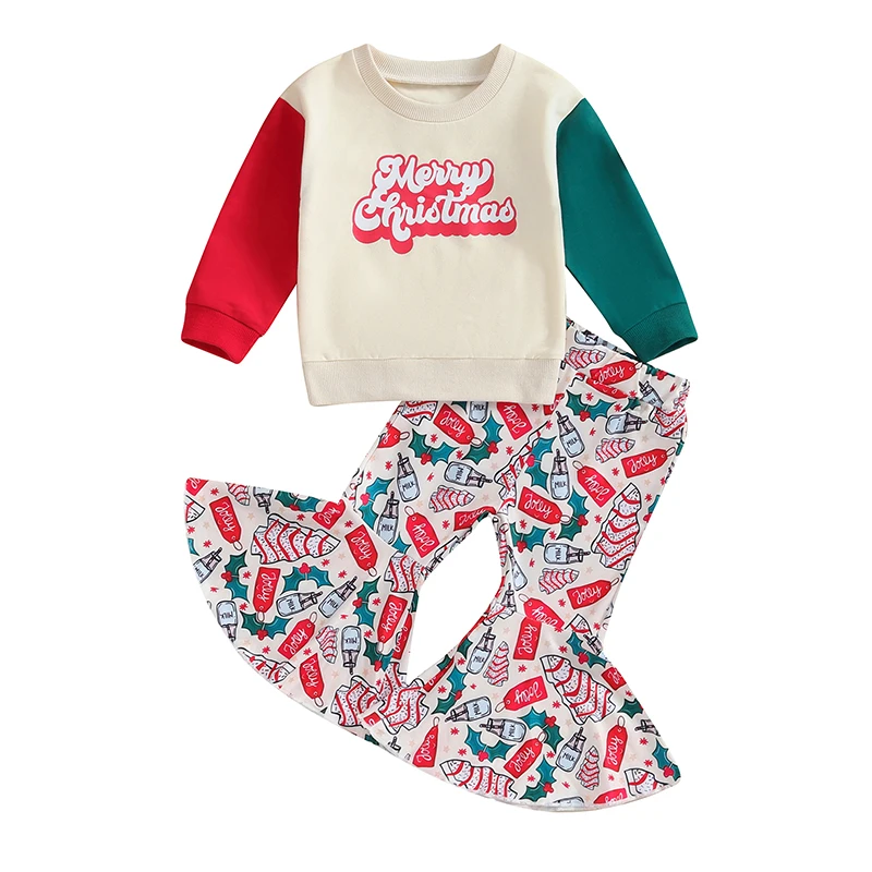 Newborn Baby Girl My 1st Christmas Outfit Santa Letter Print Long Sleeve Sweatshirt Tops Bell Bottoms Pants Winter Clothes