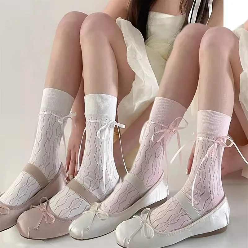 JK Japanese Style Kawaii Socks Ballet Style Ribbon Bowknot Bandage Cute Long Socks Women Lolita Sweet Girls Black White Socks