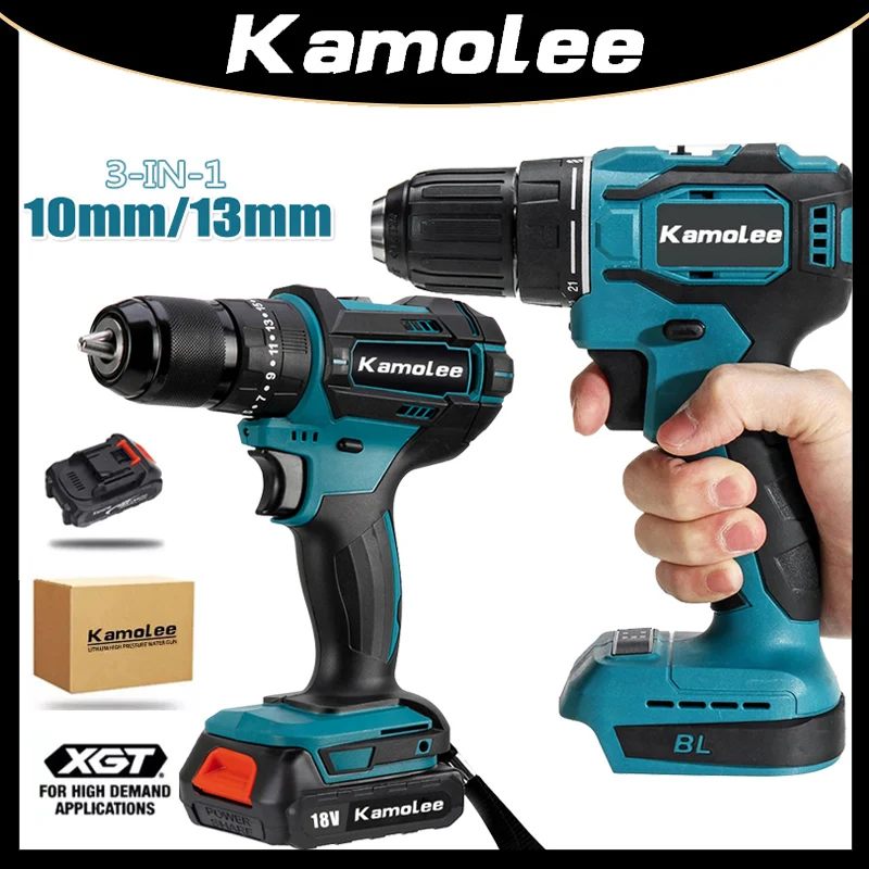 Kamolee 브러시드 무선 전기 임팩트 드릴, 가정용 DIY 전동 공구, Makita 18V 배터리, 13mm