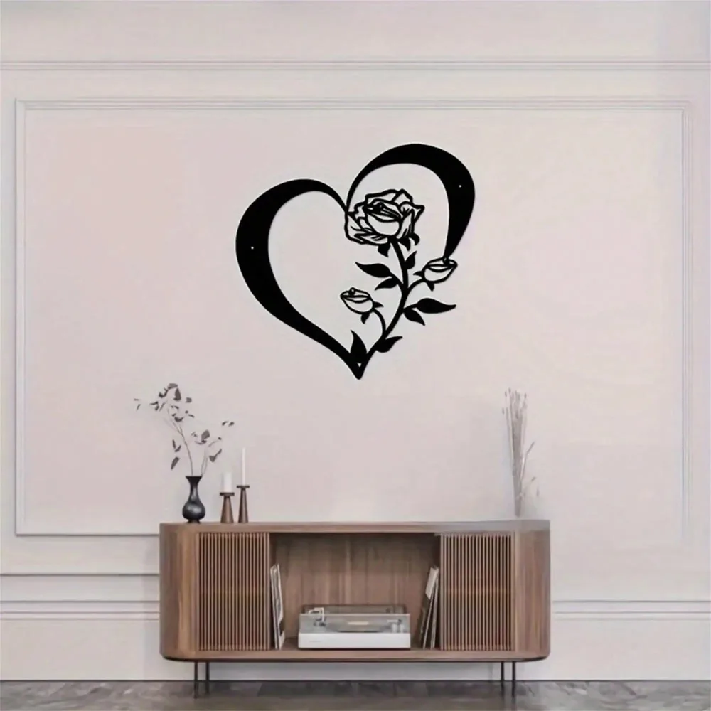 Schwarze Metall Wandkunst Herz & Rosen im modernen Stil, rustikale Vintage Deko für Zuhause, ideales Geschenk zum Valentinstag