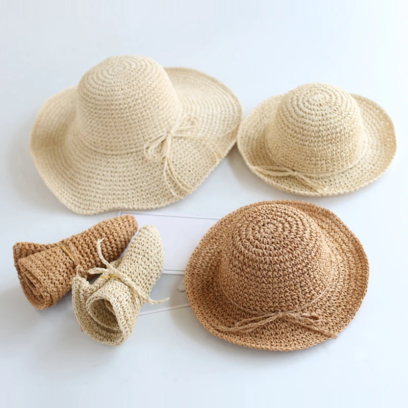 

Grass Weaving Parent Child Hat Summer Straw Bow Baby Girl Cap Beach Children Panama Hat Princess Baby Hats and Caps Foldable