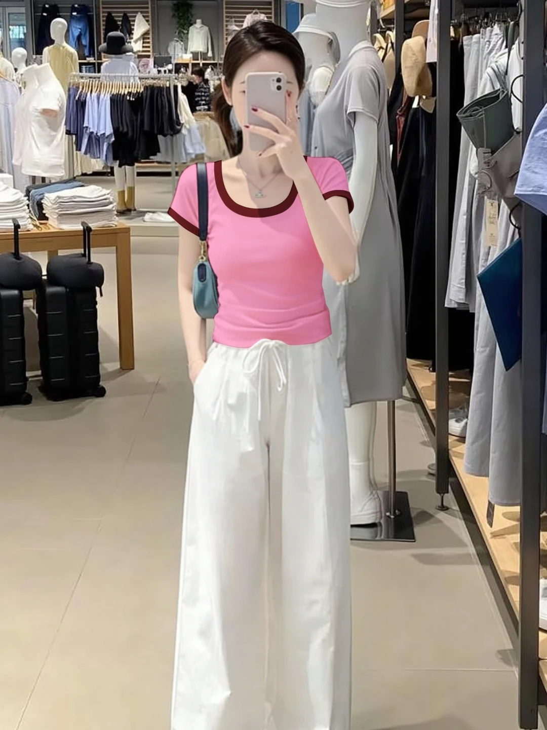 Korean Style Short U-Neck Color Block T-Shirt Women's Slim Fit Casual Top Shoulder Width Standard Cotton Polyester Blend