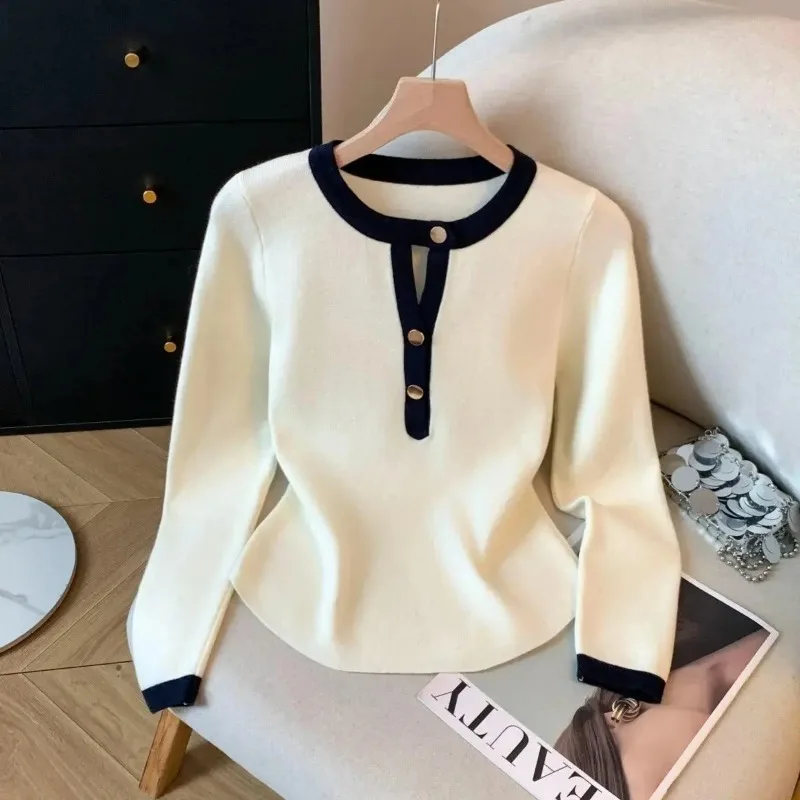 

Синий ретро-свитер контрастного цвета с полуоткрытым воротником и длинными рукавами для женщин осенью, новый универсальный базовый топ-рубашка