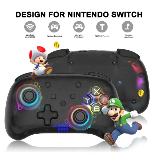 Game Controller Bluetooth Wireless Switch Pro Small Controller Wakes Up Vibration 8-Color Auto Cycling Transparent Gamepad