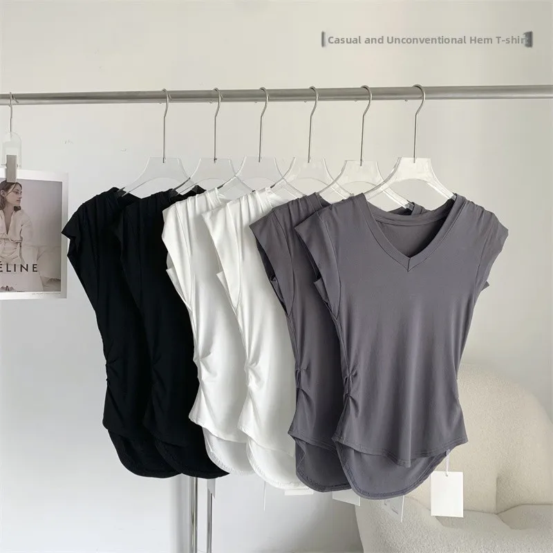 

Brand Women's V-neck T-shirt Cut Label Small Flying Sleeve Irregular Hem Design Top Cotton Short Sleeve Printed Commute Style
