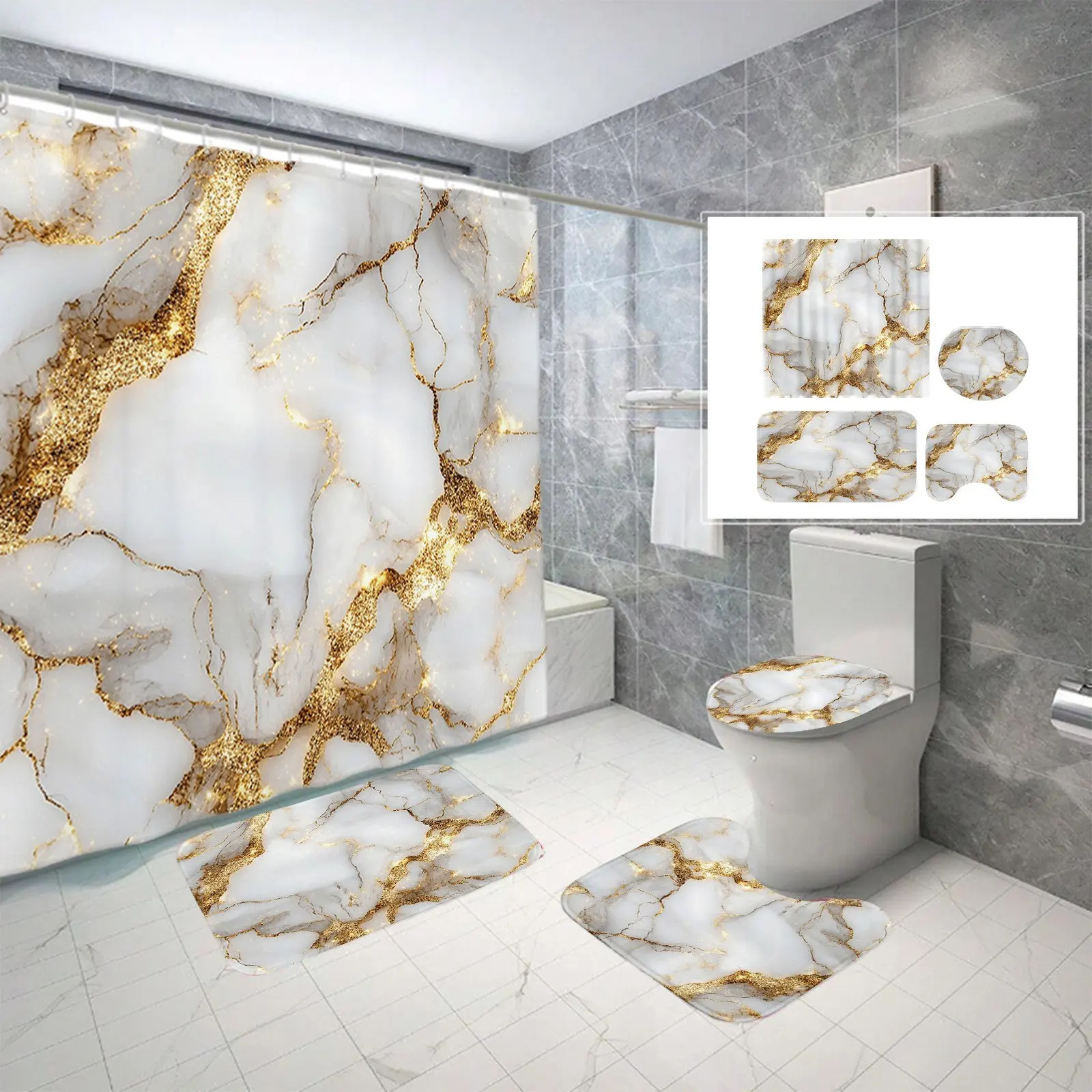 

4шт платинового мрамора с цифровым принтом, полиэфирная ткань, занавеска для душа, нескользящий коврик, чехол на сиденье унитаза и U-образный коврик