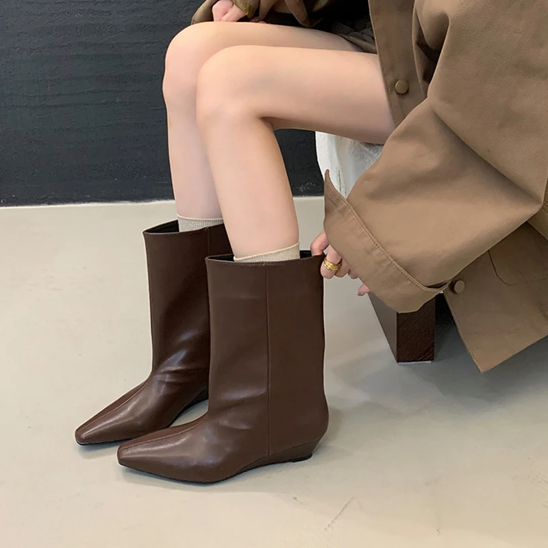 

Street Style Autumn Winter Sexy Ankle Boots Women Pointed Toe Party Dress Pumps Shoes Wedges Modern Short Botas Zapatos De Mujer
