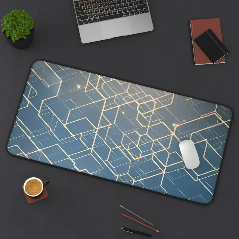 

Blue and Gold Geometric Line Aesthetic Gaming Mouse Pad, Comfortable for Gaming Girls' Desk Decoration,XXL Cute Desk Mat