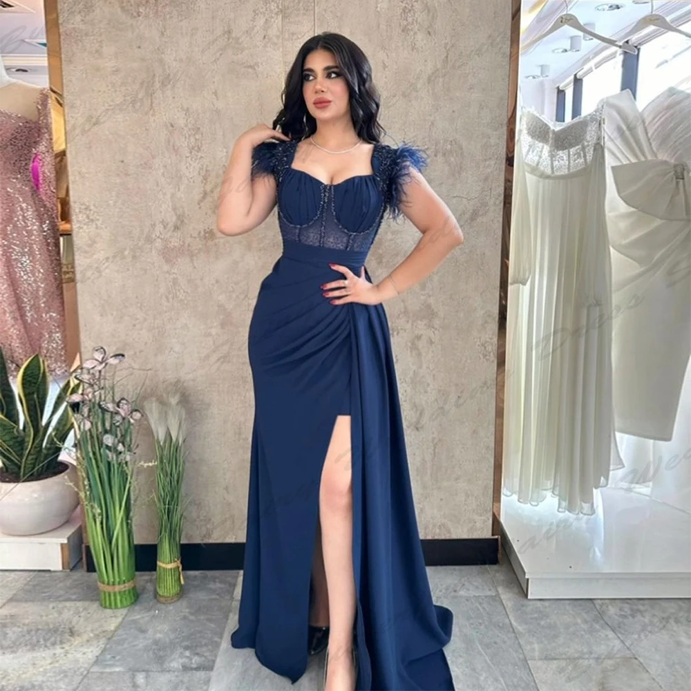 Gorgeous Satin Evening Dresses Pretty Sexy Backless Mermaid Off Shoulder Short Sleeved High Slit Simple Mopping Prom Party Gowns