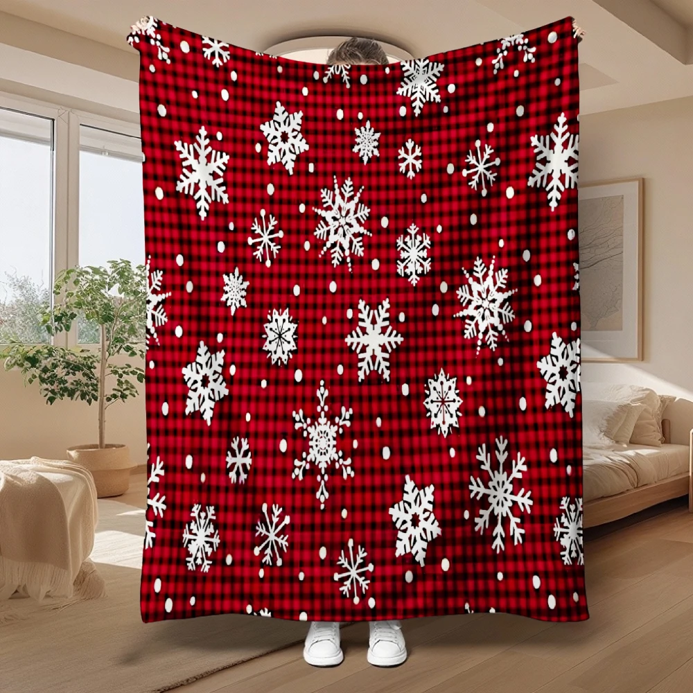 Red Plaid Snowflake, Christmas Gift, Blanket, White Snowflakes on Checkered Pattern, Home Decor, Soft Cozy Multi-Purpose