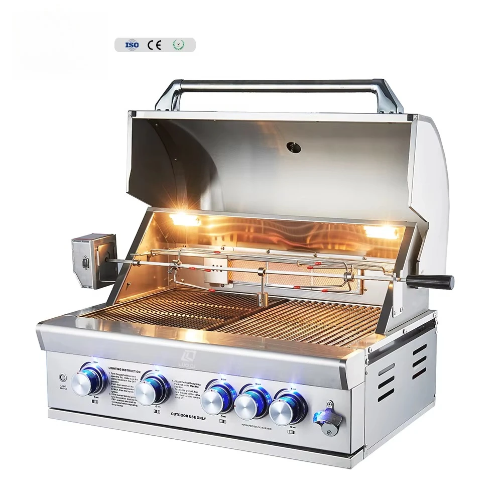 5 Burner Stainless Steel Gas BBQ Grill Custom Burners Tabletop Rotisserie for Commercial Family Use Built-in for Outdoor Kitchen