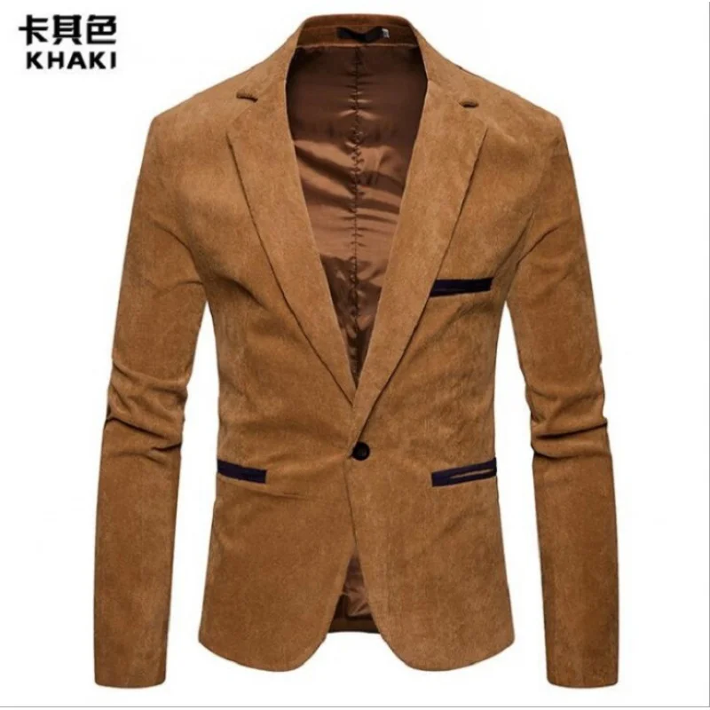 Men's corduroy casual suit jacket trendy men fashion slim 1 grain buckle blazer