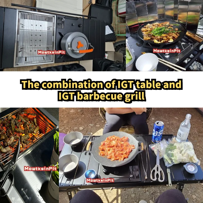 Camping IGT set, folding barbecue stove countertop gas stove, I stainless steel folding steel table, aluminum alloy roll table