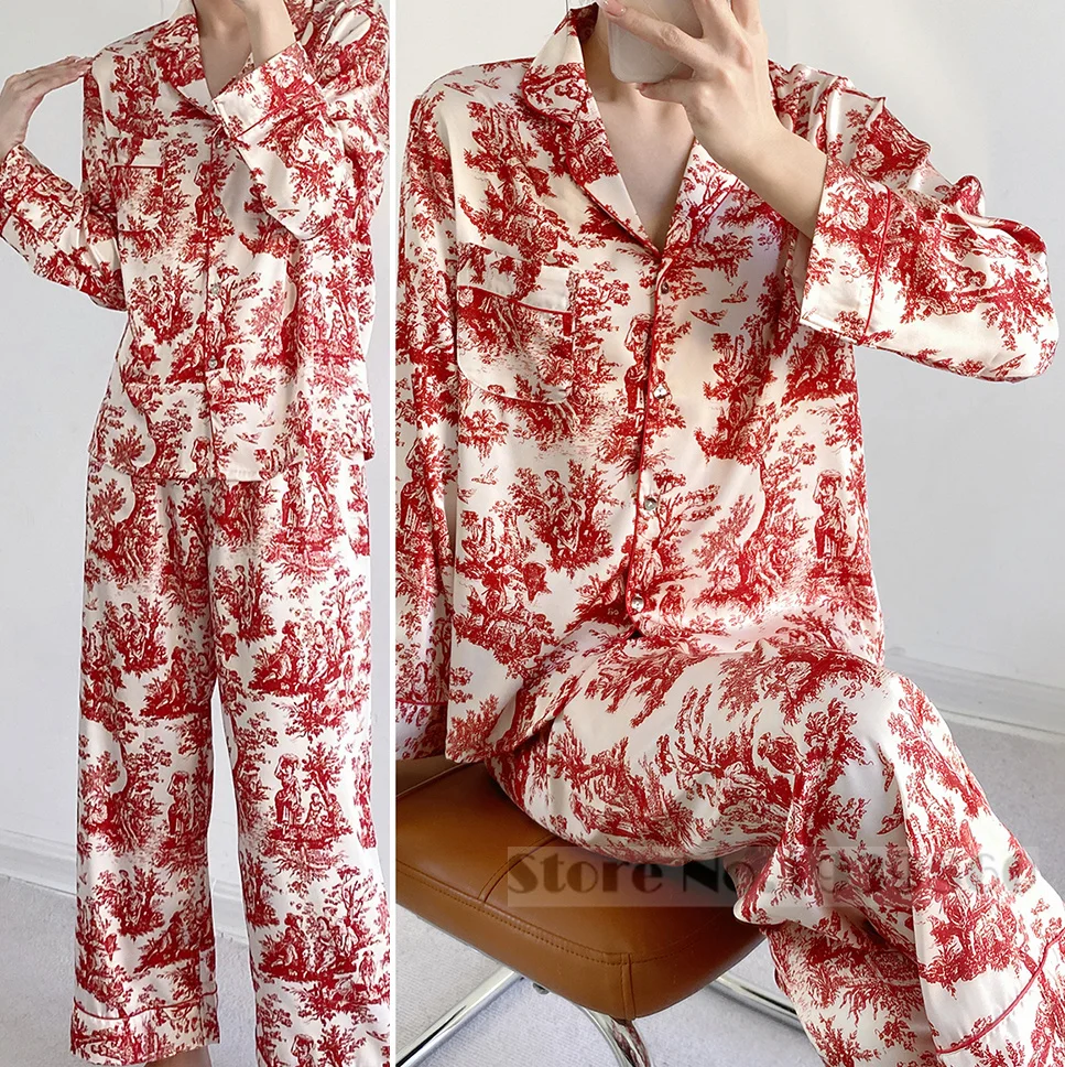 Female Pajamas Set Loungewear Red Print Flower Long Sleeve Trouser Suits Sleepwear Loose Satin 2PCS Shirt&pant Home Clothes