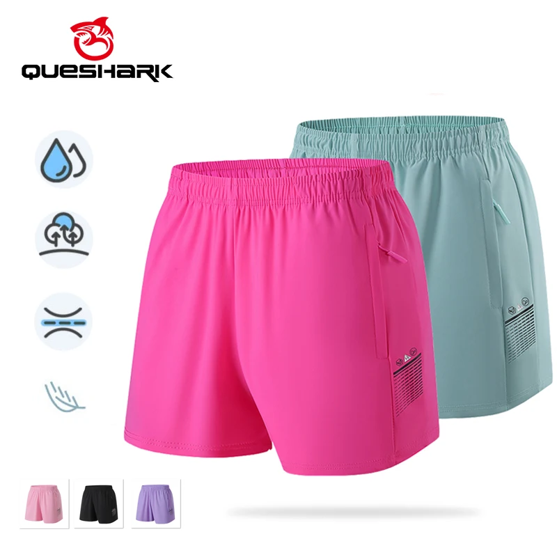 

(M-4XL)Queshark Women Quick Dry Ice Silk Sport Shorts with Zipper Pocket -Gym Running Cycling Loose Fit Short Pants(75% Nylon)