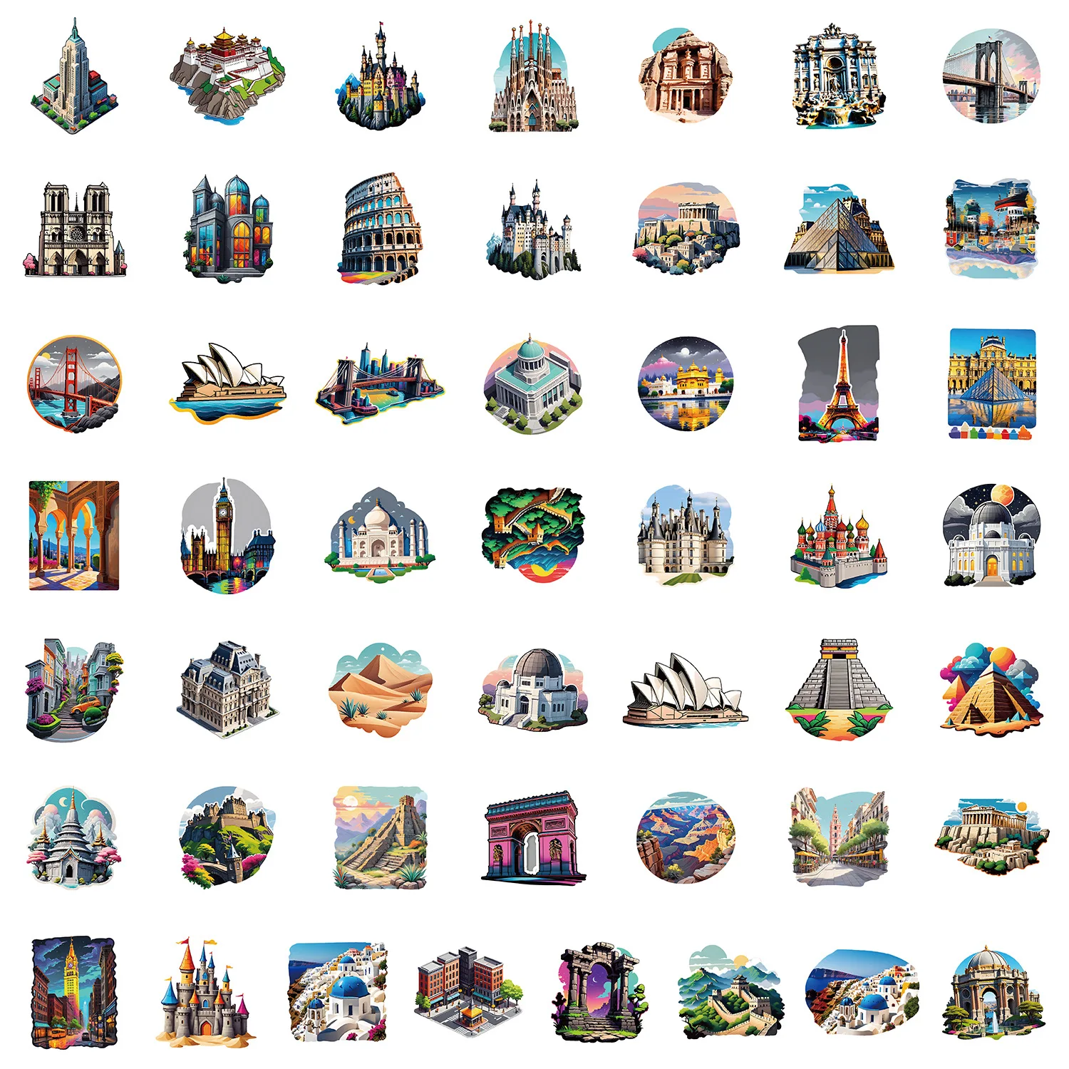 50Pcs/Pack INS Novelty Famous Landmark Buildings Series Stickers PVC Waterproof Stickers Decals For Kids Boys Girls Toys Gifts