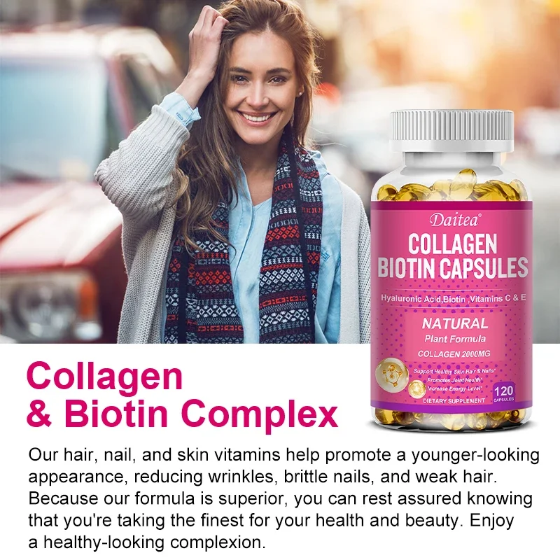 Collagen Biotin Supplement - Kwas hialuronowy Biotyna Witamina C E - Włosy Skóra Paznokcie Wsparcie stawów i wzmocnienie energii Kapsułki wegańskie