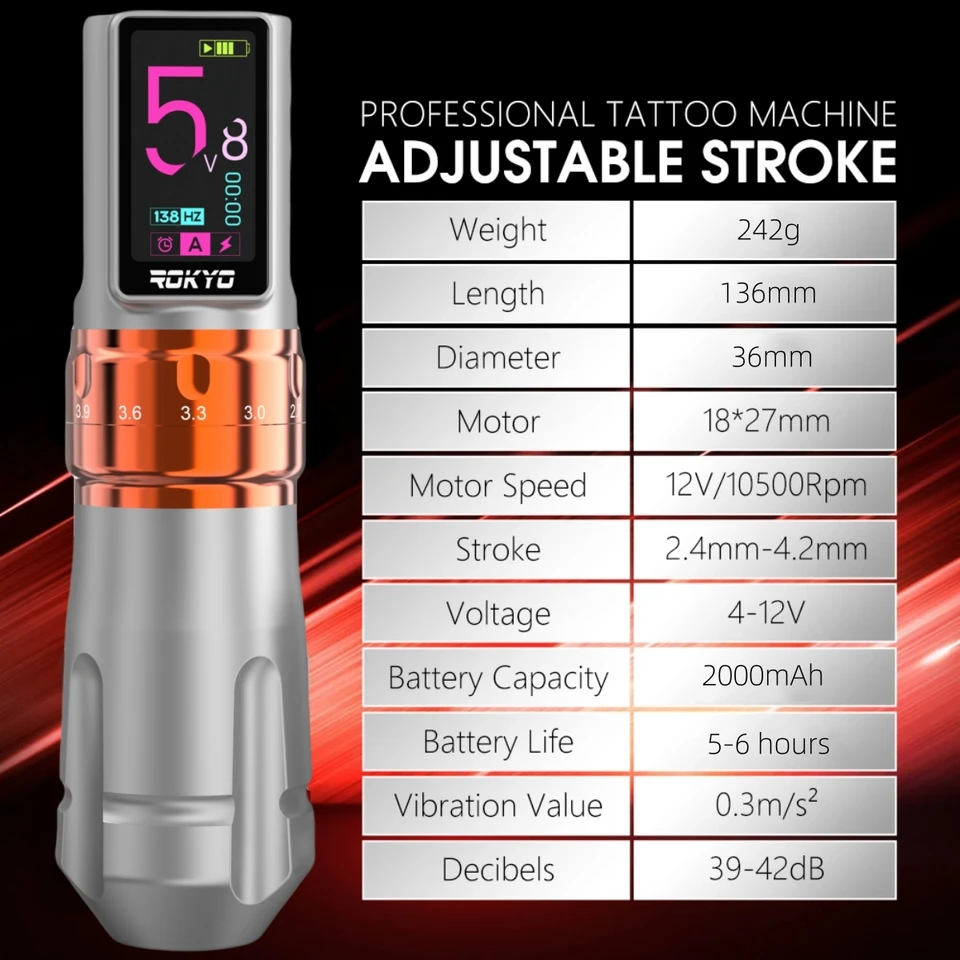 Máquina de tatuaje inalámbrica con trazo ajustable 2.4-4.2mm, batería recargable 2000mAh para suministros profesionales PMU 3