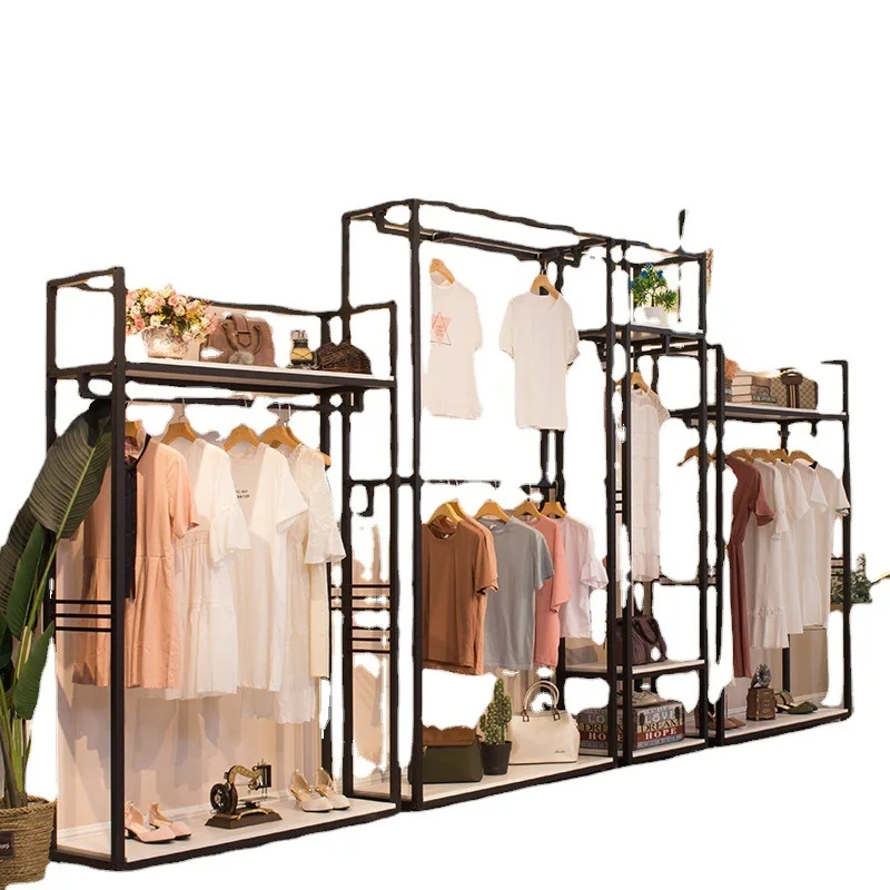 

Clothing store display Double-layer wrought iron solid wood rack Floor-ceiling men's and women's clothing, fashion store hanging