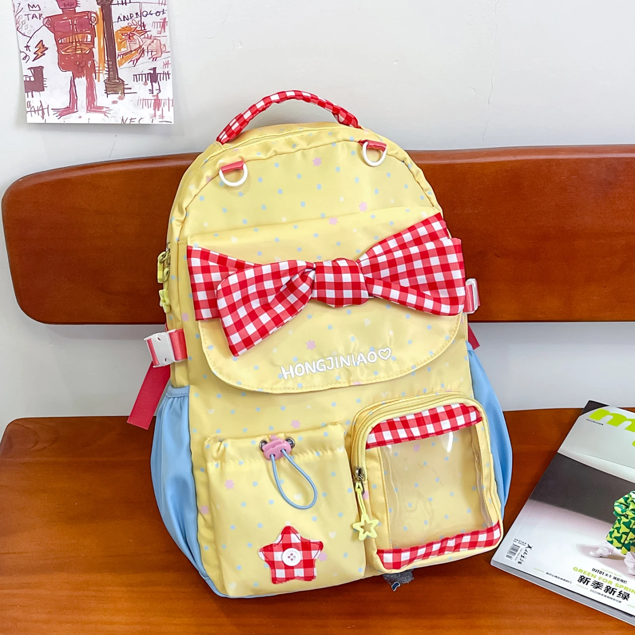 Cute Gingham Bow Girls Backpack With Rabbit Doll Pendant Large Capacity Nylon School Bag Sweet Aesthetic Daypack for Teen Girls