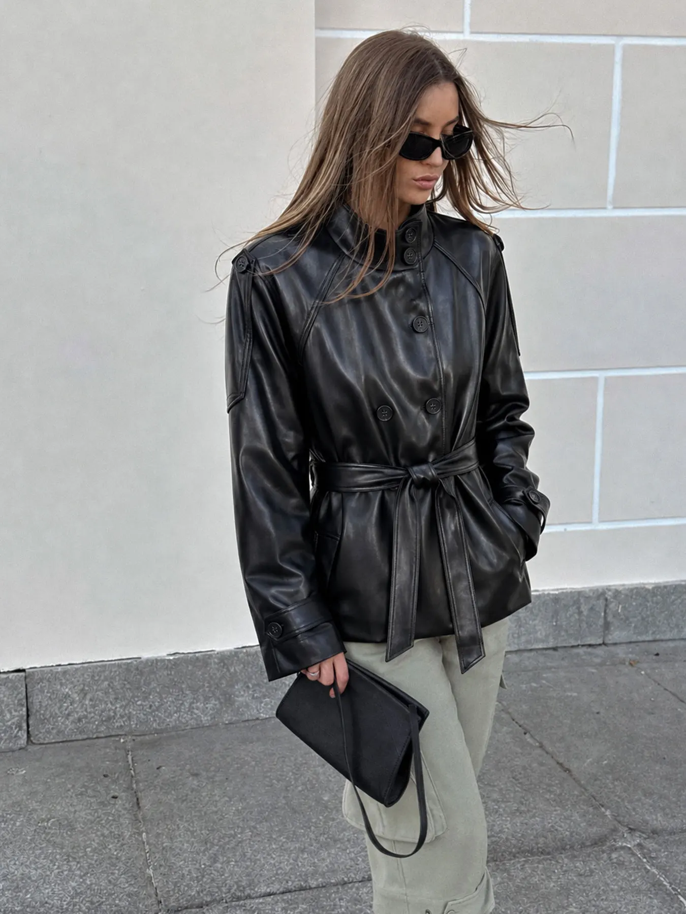 HH Damen Elegante Mode Einfarbige Kunstlederjacke Langarm Knöpfe Gürtel Mantel Herbst Vintage Oberbekleidung Motorradjacke