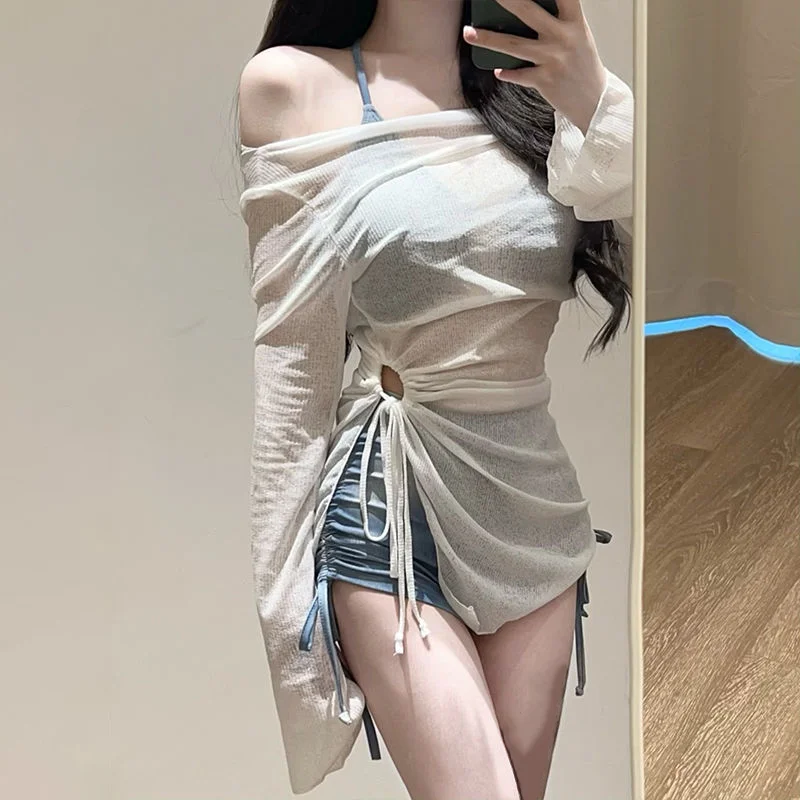 Niebieski, barwiony zestaw bikini, strój kąpielowy damski, termiczny strój na wiosnę, seksowny, czysta pokusa, oddzielny strój do kąpieli z narzutką.