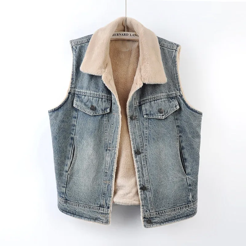 Autumn Winter Women Vintage Blue Short Jeans Vest Warm Faux Lambswool Liner Lapel Sleeveless Denim Coat Female Cowboy Waistcoat
