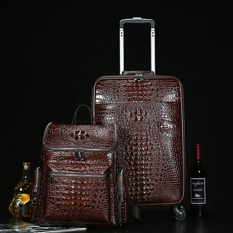 New Alligator Pattern Suitcase with Tote Backpack Men's First Layer Cowhide Trolley Suitcase Boarding Box