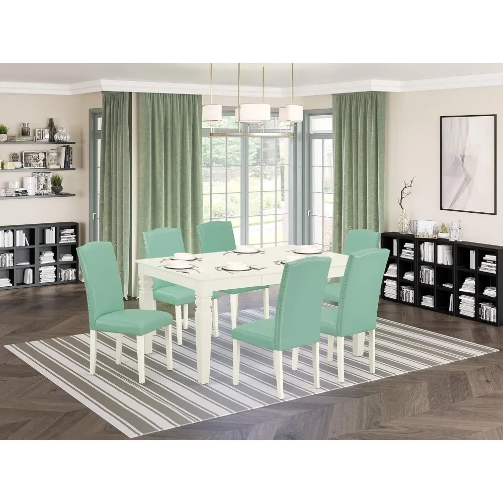 WEEN7-LWH-57 7 Piece Kitchen Set Consist of a Rectangle Table with Butterfly Leaf and 6 Pond Faux Leather Parsons Dining Chairs,