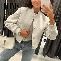 TRAF 2024 Women Jacket Cropped Bomber Jackets For Women Beige Black Tweed Jacket Woman Fashion Long Sleeve New In Short Coats