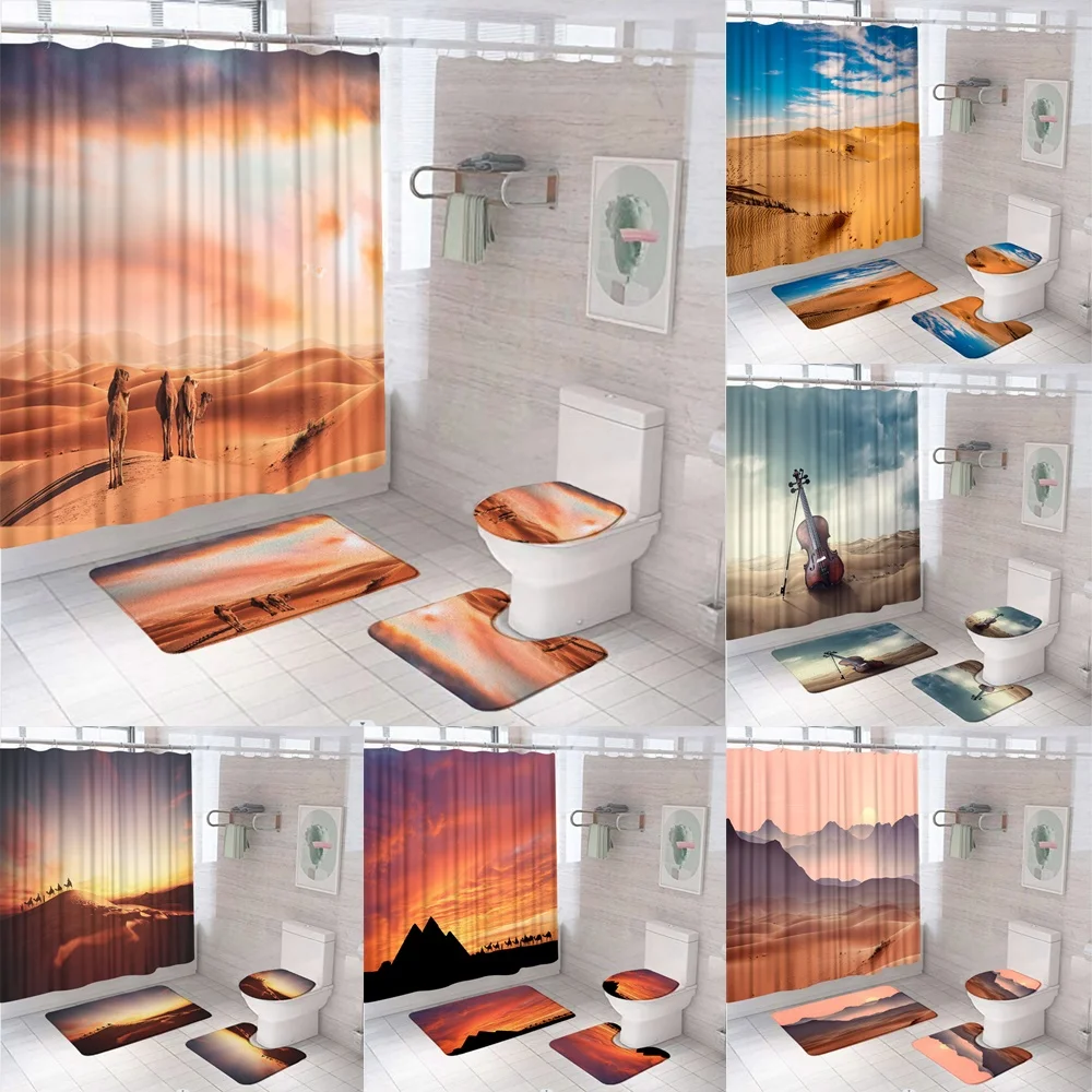 Desert Sandy Tropical Shower Curtain Sets Natural Scenery Modern Camel Pyramid Bathroom Curtains With Bath Mat Rug Toilet Cover