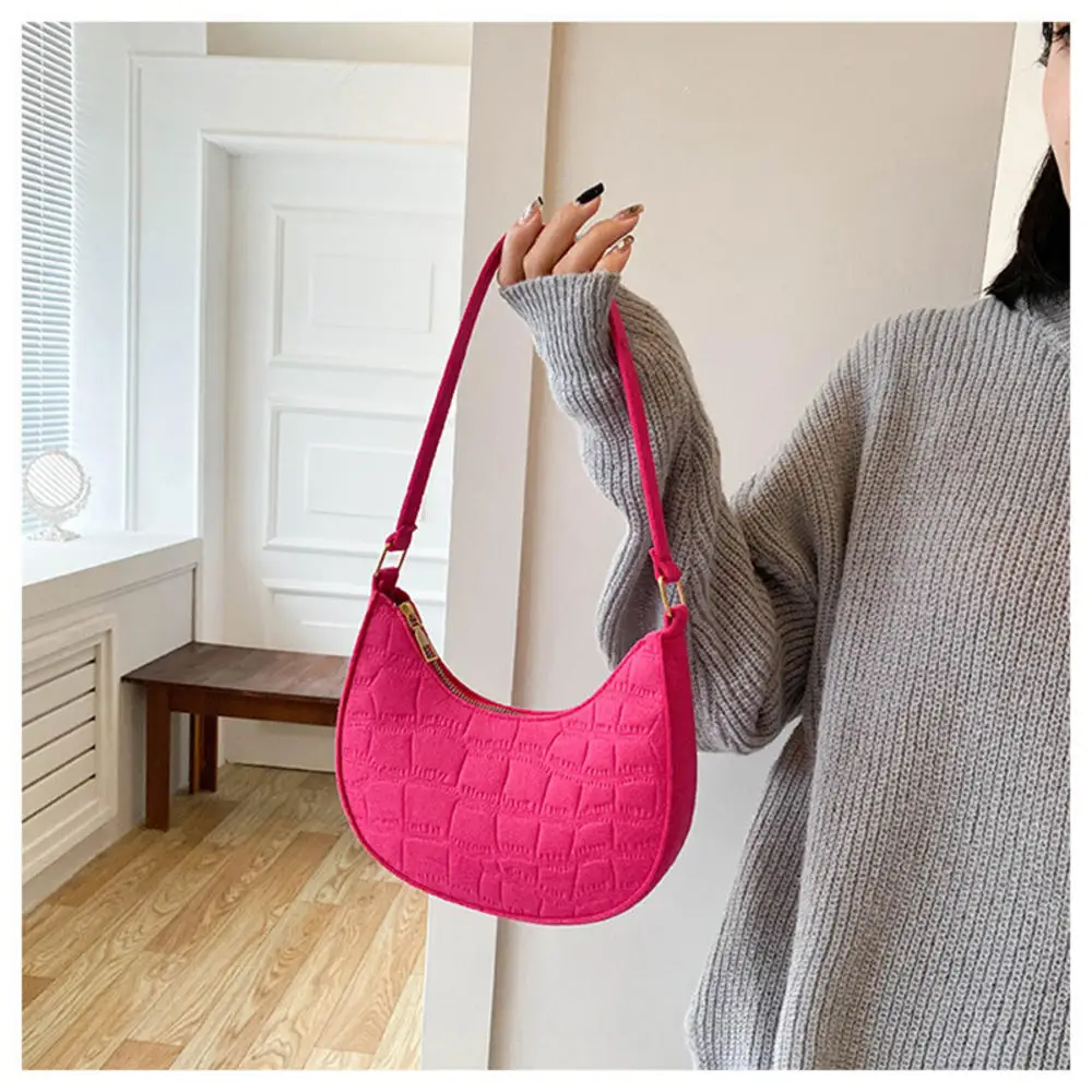 Fashion Women Shoulder Underarm Bags Felt PU Leather Solid Color Casual Handbags Female Pouch Ladies Retro Tote Crossbody Bag