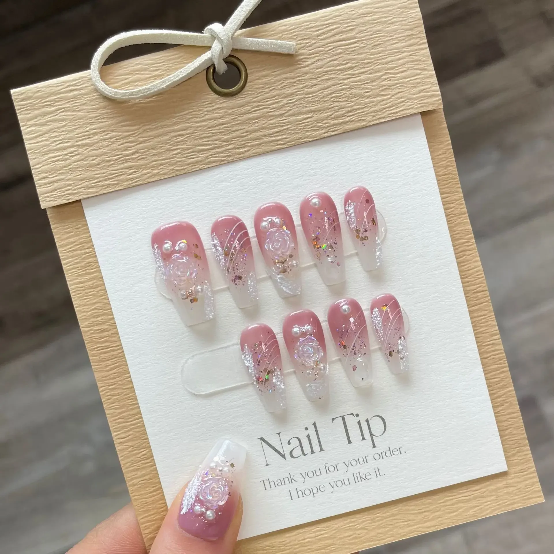 

10Pcs Pink Gradient Handmade Flower Press on Nails Ballet Wearable Rhinestones False Nails Decoration Manicure Nails Tips Art