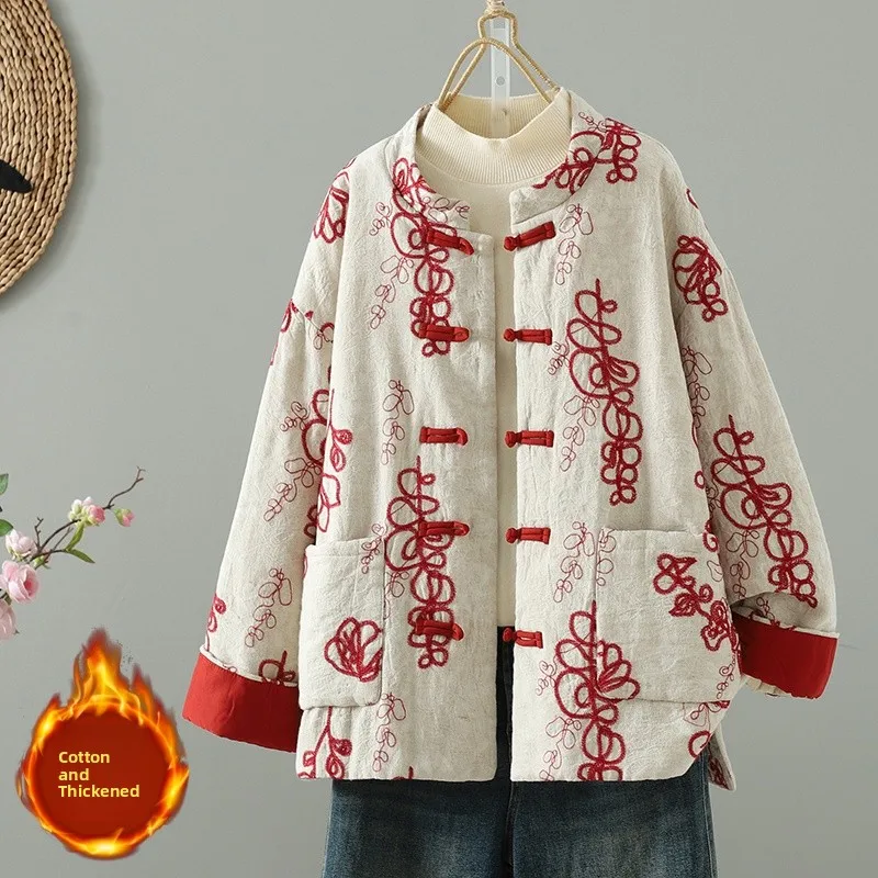 New Chinese Sle Thin Cotton Jaet Women's Autumn Winter Printed Clothes National Sle Button up Coat Long Sve Stand Co...