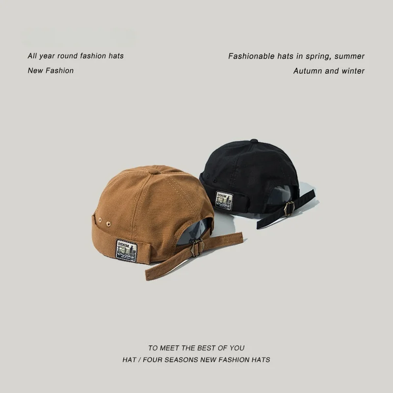 Men's Retro Brimless Skull Cap Docker Style Rolled Edge Adju