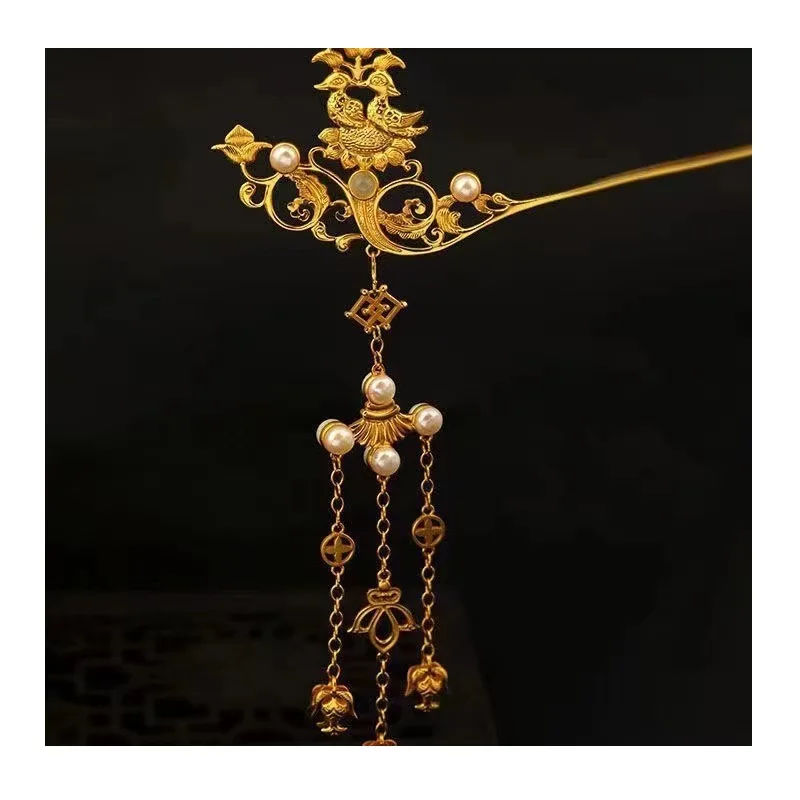 

Copper Gold-plated Bridal Xiuhe Headdress, Phoenix Hairpin, Ancient Style, Fringed Mandarin Duck Hairpin, Natural Pearl Bridal H