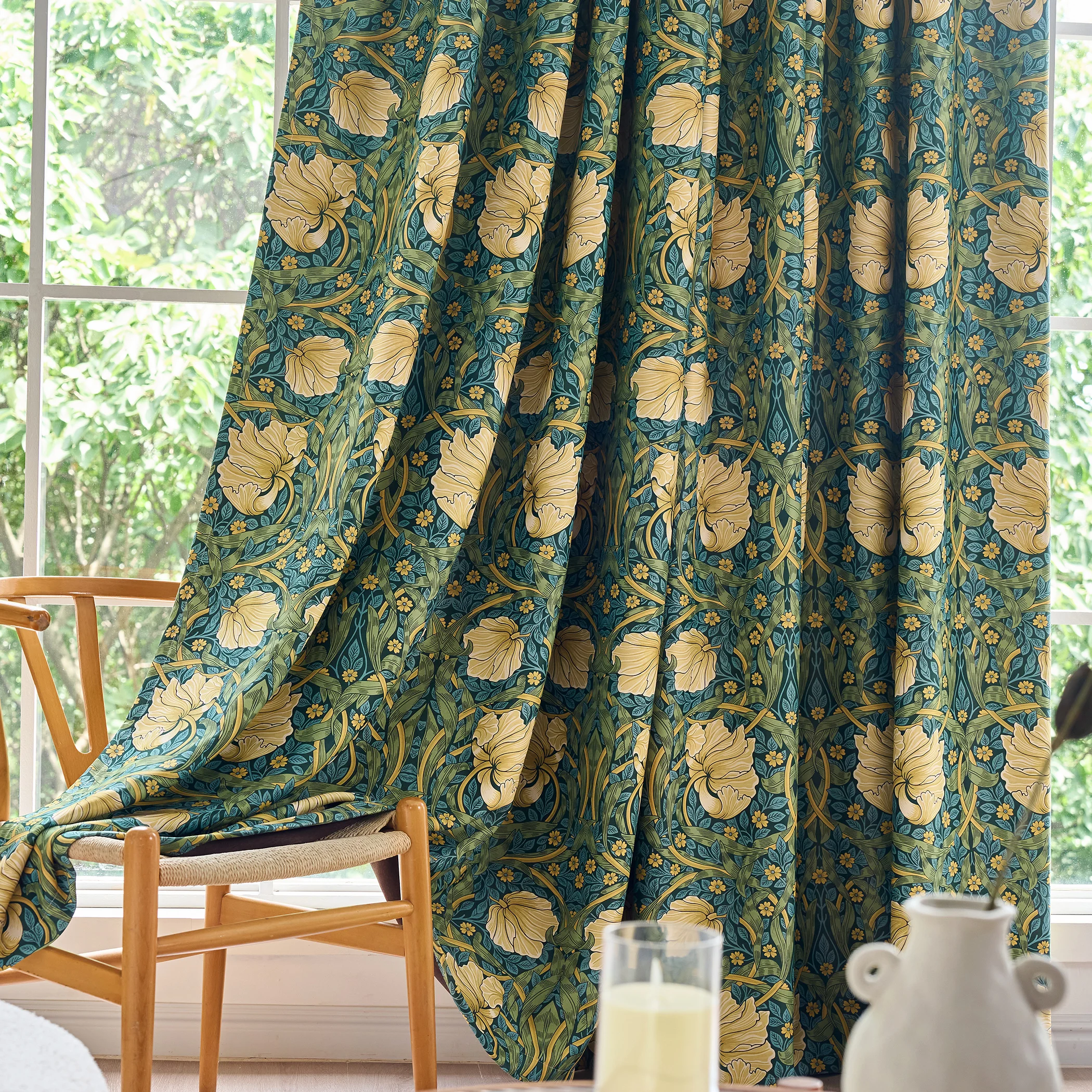 Vintage Floral Print Blackout Curtains for Living Room Dark Green Yellow Flower Room Darkening Window Drapes Home Decor